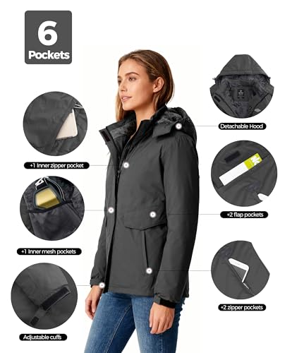 wantdo Women's Waterproof Ski Jacket Warm Fleece Lined Snow Winter Coat | 10000mm Waterproof Snowboard Jacket for Skiing, Hiking, Commute, Removable Hood, 6 Pocket, Windproof Warm -10°F to 50°F - color: Dark Gray, size: Medium