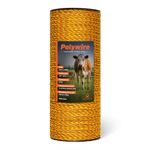 Electric Fence Polywire 1/8” with 9 Stainless Steel Strands - High Visible Wire Fencing for Horse, Cattle, Livestock - Portable Fencing with UV and Rust Resistance - 1640ft