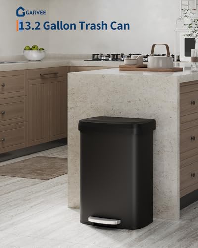 Garvee 13 gal / 50 L Metal Trash Can with Lid, Large Garbage Can for Kitchen, Rustproof Step-on Kitchen Metal Trash Bin with Liner Rim, Rear Handle, Soft Close Plastic Lid, Black - color: Black, size: 13.2 Gallons