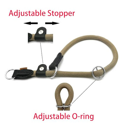 Braided Round Martingale Dog Collar, Training Collar with Slidable Stop Ring and Adjustable Stopper - Ideal for Medium Dogs (M(1/3") - 18" Long, Khaki) - color: Khaki, size: M(1/3") - 18" Long with stopper