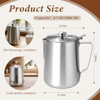 2 Pcs 67 Oz/ 2 L Stainless Steel Pitcher with Lid Milk Frothing Jug