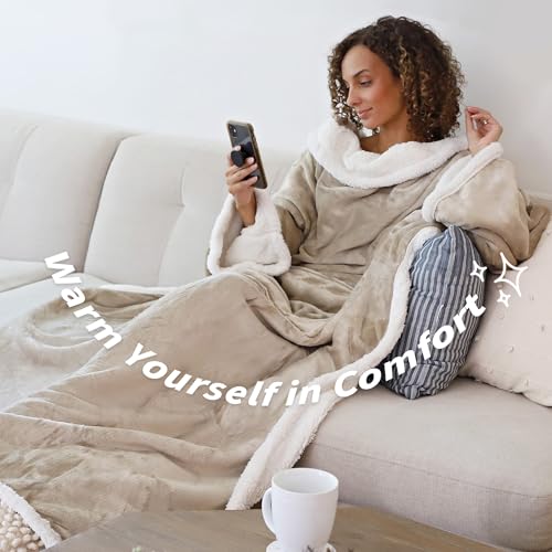 Catalonia Sherpa Wearable Blanket with Sleeves and Pocket for Adults - color: Camel, size: Standard Pocket