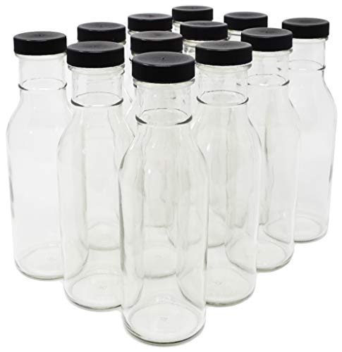 nicebottles Clear Glass Beverage/Sauce Bottles, 12 Oz, Black Caps - 4 Cases of 12 units, 48 Total - color: Black Caps, size: 48 x 12oz