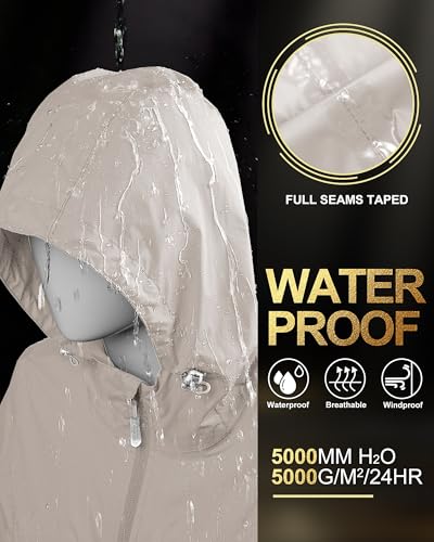 33,000ft Women's Waterproof Long Rain Coats Packable Rain Jacket with Hood - color: Beige, size: Large