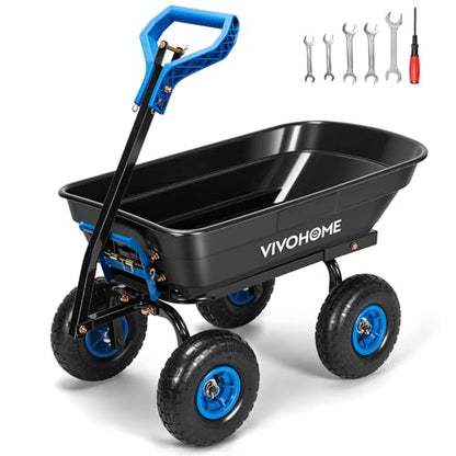 VIVOHOME 660lbs Wheelbarrow Dump Garden Cart with 2-in-1 Convertible Handle | Attach to ATV or Tractor, 10" All Terrain Wheels, Heavy Duty Utility Trailer for Yard - color: Blue
