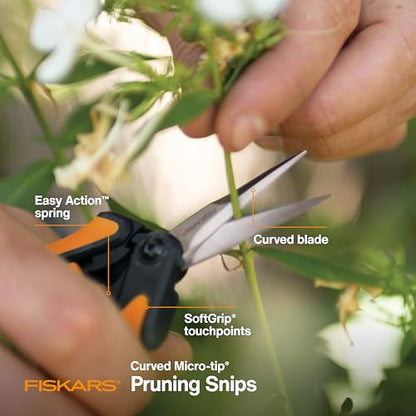 Fiskars 6" Curved Micro-Tip Pruning Snips, Garden Scissors For Tight Spaces | Take-Apart Design, For Intricate Trimming & Shaping, Steel Blades with Easy Action Spring, SoftGrip Handles, Sheath Included - style: Curved Snips