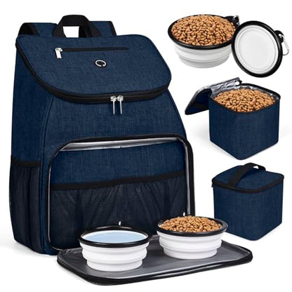 BAGLHER丨Dog Travel Bag, Airline Approved Pet Supplies Backpack, Dog Travel Backpack with 2 Silicone Collapsible Bowls and 2 Food Baskets - color: Dark Blue-A