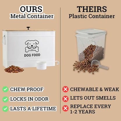 Metal Dog Food Container 15-20 lbs w/ Airtight Bamboo Lid, 70 Cup Capacity - color: White