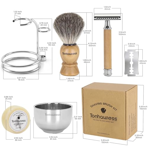 5 In 1 Manual Shaving Kit For Men Includes Badger Hair Shaving Brushes Set, Double Edge Safety Razor, Stainless Steel Shaving Bowl&Stand and Goat Milk Shaving Soap - color: Wood Handle