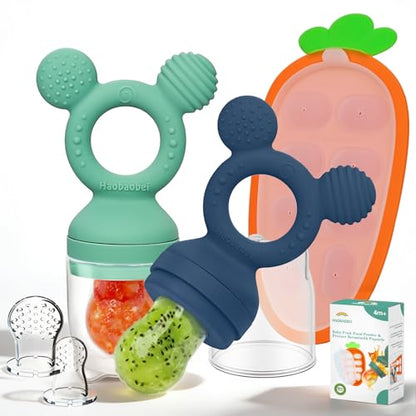 Baby Fruit Feeder 2 Pack with Freezer Tray, 4 Silicone Pouches in 3 Sizes, Breastmilk Popsicle Mold, Food Feeder Pacifier and Silicone Teether for Teething Relief, 4+ Months - color: Blue&Green