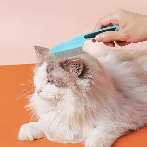Flea Comb for Dogs and Cats - Lice Comb with Rubber Handle - Promotes Hair Growth and Removes Loose Hair, Knots, and Flakes Flea Brush for Pets (Blue) - color: Blue