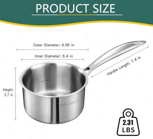 DELARLO Full-body Clad Tri-ply Stainless Steel 2 Quart Saucepan with Lid - color: Silver, size: 2 Quarts
