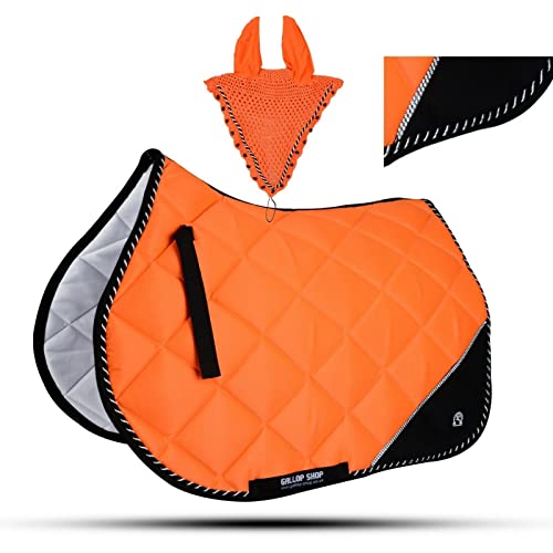 Quilted English Saddle Pad, Matching Ear Bonnet Set Breathable Riding Numnah Shock Absorbing Padding for Jumping, Schooling - color: Electric Lime