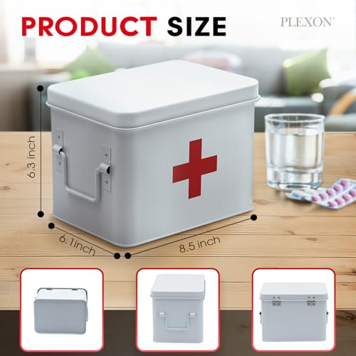 Plexon 8.5" Metal First Aid Box Empty, Medicine Storage Bin with Lid, Emergency Supplies Organizer, Portable First Aid Kit Case, White - color: White