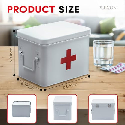 Plexon 8.5" Metal First Aid Box Empty, Medicine Storage Bin with Lid, Emergency Supplies Organizer, Portable First Aid Kit Case, White - color: White