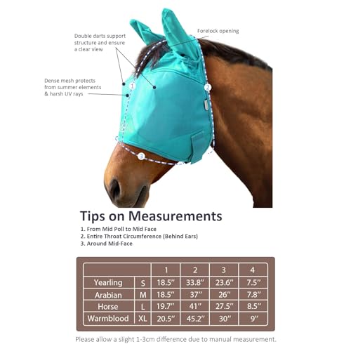 Harrison Howard UV-Proof Multi-Function Fabrics Thick Fleece Padding Horse Fly Mask Half Face with Ears Mint Yearling Small - color: mint, size: Small (Yearling)