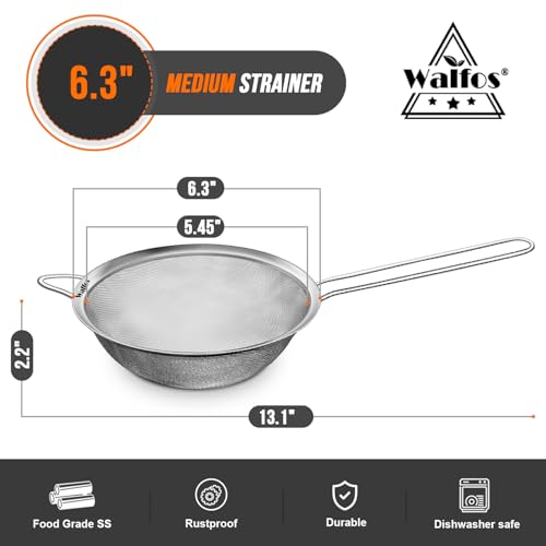 Walfos 6.3 Inch Fine Mesh Strainer, Premium Stainless Steel Sieve and Sifter with Handle, Kitchen Metal Strainers for Rice, Quinoa, Fruits, Noodles, Flour - size: 6.3"