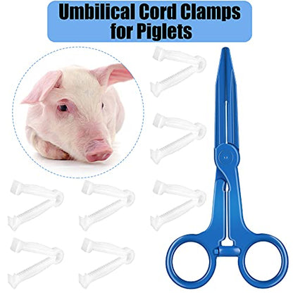 Nuanchu 100 Pcs Disposable Umbilical Cord Clamp and 1 Hemostatic Forcep, Pig Umbilical Cord Clips Kit for Animal Veterinary