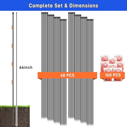 66Inch Fiberglass Electric Fence Posts 40Pcs, Temporary Graden Fence Post with 160 Adjustable Clips, Portable Step in Electric Fence Stakes for Farm, Garden and Horse Goat Sheep Small Animals Fences - size: 66 Inch