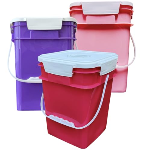 House Naturals 4 Gallon Square Food Grade Bucket Pail with Plastic Handles and Lid (Pack of 3) Made in USA containers (Pink/Magenta/Purple - White lids) - color: Pink/Magenta/Purple - White Lids