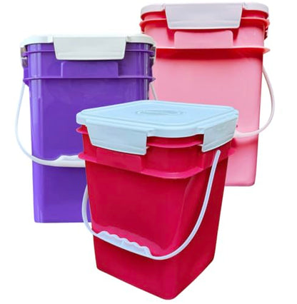 House Naturals 4 Gallon Square Food Grade Bucket Pail with Plastic Handles and Lid (Pack of 3) Made in USA containers (Pink/Magenta/Purple - White lids) - color: Pink/Magenta/Purple - White Lids