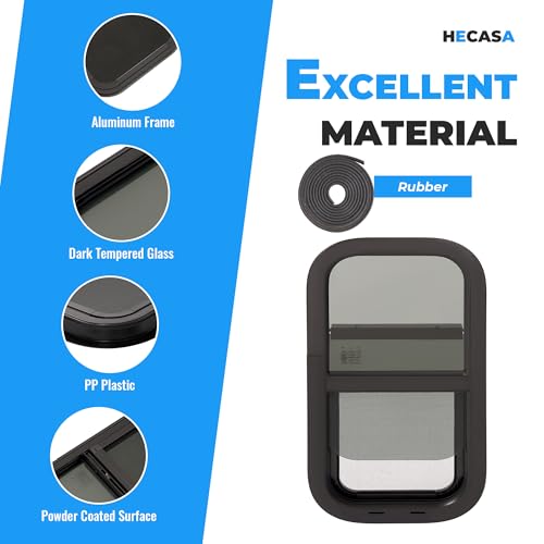 HECASA Universal RV Window 12" W x 24" H Vertical Slide Teardrop Window W/ | Trim Ring and Net Screen Tempered Glass Aluminium Plastic Rubber (1PC) - size: 12" W x 24" H