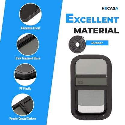 HECASA Universal RV Window 12" W x 24" H Vertical Slide Teardrop Window W/ | Trim Ring and Net Screen Tempered Glass Aluminium Plastic Rubber (1PC) - size: 12" W x 24" H