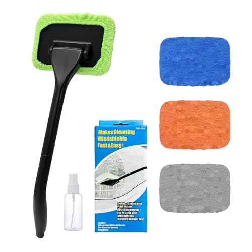 Ohleats Car Windshield Cleaning Tool, Microfiber Window Cleaner with 4 Washable and Reusable Cloth Pad & Long Handle, Auto Glass Wiper Cleaning Kit with Spray Bottle, Car Accessories - size: 6×4 inches