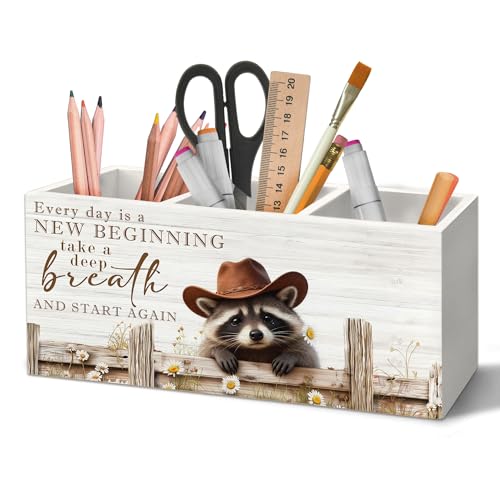 Inspirational Western Cowboy Raccoon Pen Holder Organizer for Desk Accessories, Farmhouse Daisy Floral Raccoon Affirmation Wooden Box Sign Desk Decorations for Home Office Decor - color: Raccoon, size: 2.5"D x 7.8"W x 3.5"H