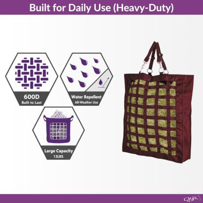 QHP Slow Feeder Hay Bag for Horses - color: Burgundy