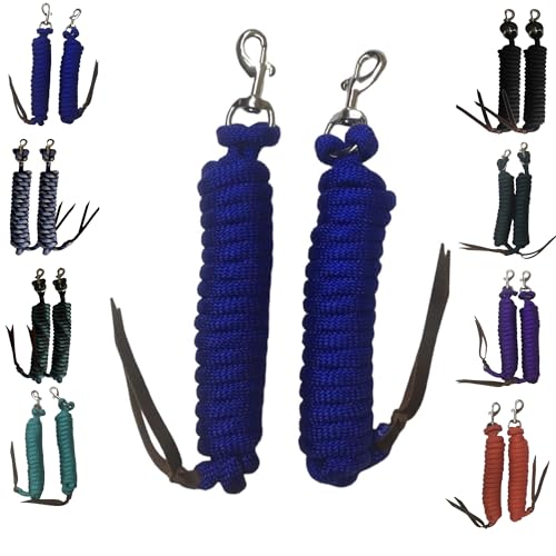 Majestic Ally 14' Pack of 2 Poly Training Lead Rope with Leather Popper for Horses & Livestock – 14 Foot Long and 5/8 inch Thick - Replaceable Heavy-Duty Bolt Snap (Royal Blue) - color: Royal Blue