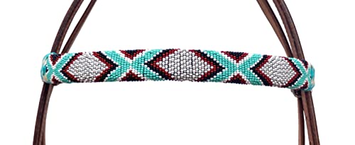 Western Horse Headstall Standard Size – Adjustable Hand Braided Genuine Leather Bridle with Rawhide Knotting, Stitched Accents & Multicolor Beads, Western Riding Tack, Brown
