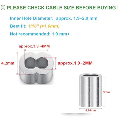 1/16 Aluminum Ferrules, Crimping Loop Sleeves 200PCS, Wire Rope Crimps | Aluminum Wire Crimp Sleeves For Cable And Picture Hanging Wire. Ferrule Design For Wire Rope Crimping And Cable Connections. - size: 1/16" (200PCS)
