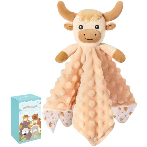Loveys for Babies, Beige Highland Cow Baby Security Blanket | Kawaii Baby Blanket Lovey for Newborn Infant Toddler, Lovey Baby Snuggle Toys Stuffed Animal, 12in Baby Gifts for Boys Girls - color: Brown Highland Cow