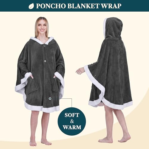 PAVILIA Hooded Blanket Poncho for Women, Fleece Wearable Shawl Wrap, Grey | Fleece Shawl Wrap with Hood, Adult Wearable Blanket, Cozy Warm Poncho Cape Throw with Pockets, Gift for Elderly Mom - color: Grey
