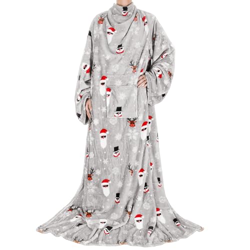 Catalonia Wearable Blanket with Sleeves for Women & Men, Fleece Wrap Throw - color: Santa and Deer Grey