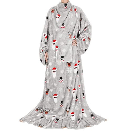 Catalonia Wearable Blanket with Sleeves for Women & Men, Fleece Wrap Throw - color: Santa and Deer Grey