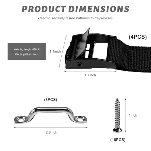 4 Set 1"x 47.2"(4 ft) Battery Tie Down Strap Kits, Battery Box Hold-Down Straps with Stainless Steel Cam Buckles & Screws, Adjustable Tie Down Straps for Boats Cars Coolers - color: 4 PCS