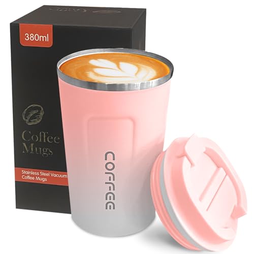 Insulated Travel Coffee Mug, Stainless Steel Coffee Cup with Leakproof Lid - color: 2nd-Pink White, size: 12 Ounces