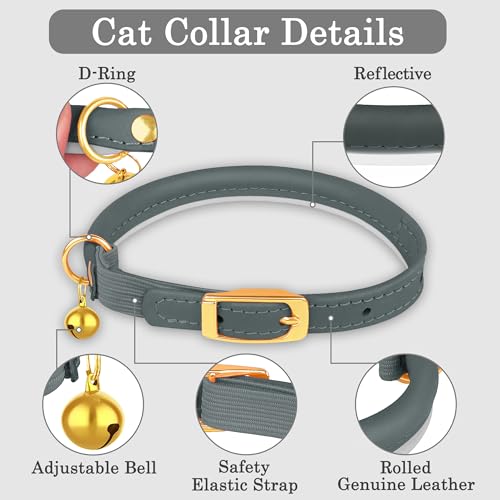 OOPSDOGGY Rolled Leather Cat Collar with Bell - Reflective Kitten Collar with Safety Elastic Strap - Adjustable Small Pet Collars for Boy Girl Cats (Denim) - color: Denim