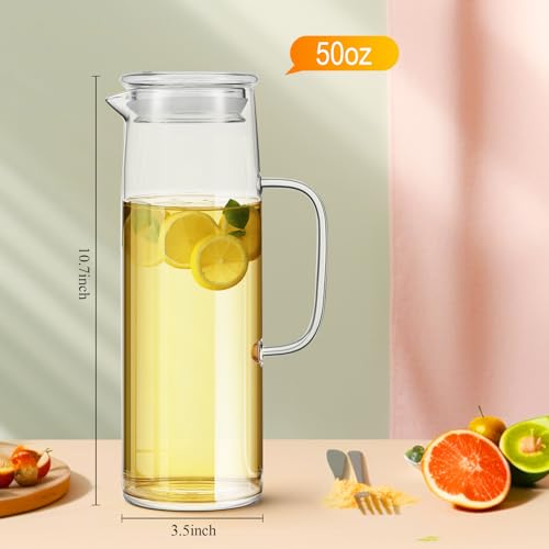 Hsei 2 Sets Glass Pitcher with Lid, 50 oz / 1500 ml Water Carafe with Handles Hot Cold Beverage Water Jar Glass Jug for Tea Juice Milk Coffee Iced Beverage (Glass Lid) - color: Glass Lid, size: 1.5l