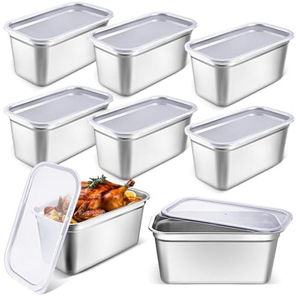 8 Pcs 304 Stainless Steel Food Storage Containers with Lids 1/3 Size Hotel Pan Chicken Food Grade Pans Metal Meal Containers for Restaurant Stackable Kitchen Freezer Buffet(6 Inch Deep) - size: 6 Inch Deep