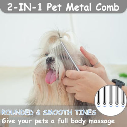 7 Pack Pets Grooming Brush Comb Kit,Double-Side Deshedding Dematting Dog Brush,Undercoat Rake for Dogs & Cats,with Metal Comb,Flea Comb,Open Knot Comb,Fine-Teeth Comb,Tear Stain Remover Comb - style: Pet Combs with Deshedding Brush