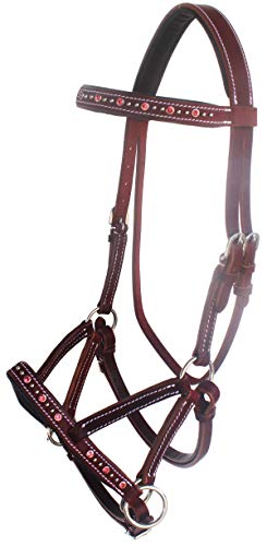 Horse Western Leather Beaded Bitless Sidepull Bridle Reins Rhinestone - color: Mahogany/Pink