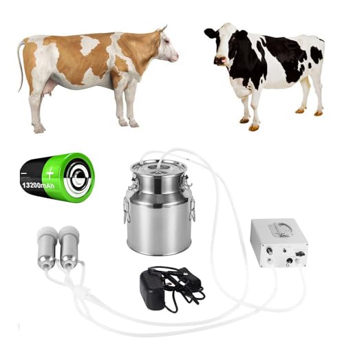 14L Cow Electric Milking Machine, Automatic Rechargeable Battery Powered Pulsation Vacuum Pump with 2 Teat Cups Stainless Steel Bucket for Cows(Battery Model) - color: Cow, size: 14LBattery