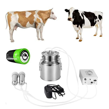 14L Cow Electric Milking Machine, Automatic Rechargeable Battery Powered Pulsation Vacuum Pump with 2 Teat Cups Stainless Steel Bucket for Cows(Battery Model) - color: Cow, size: 14LBattery
