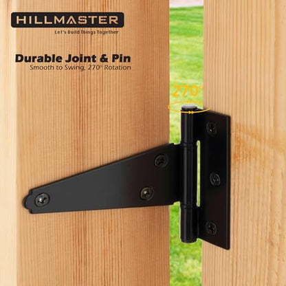 Hillmaster 4 Inch T-Strap Heavy Duty Shed Door Hinges - Black Tee Hinge for Wooden Fences, Shutter, Window, Yard, Barn Door, Outdoor (2 Pack) - size: 4in 2Pack