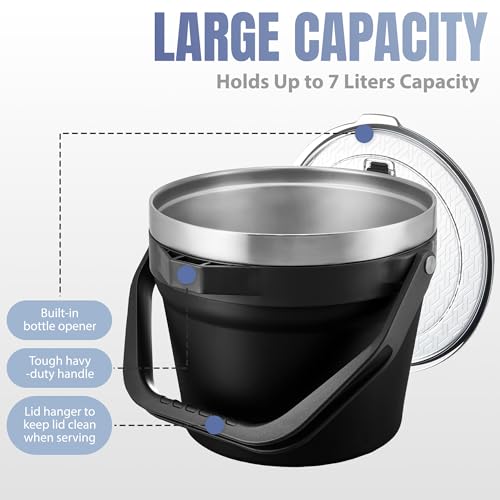 COKTIK 7L Vacuum Insulated Ice Bucket with Lid and Scoop& Tongs，Large capacity Stainless Steel Beverage Bucket for Cocktail, Champagne, Wine, Beer，Large Parties（Carbon Black Suit） - color: Carbon Black Suit