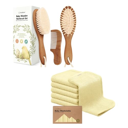 Keababies Baby Hair Brush and Comb Set and Baby Washcloths - Wooden Brush with Soft Goat Bristle - Towels and Washcloths for Newborns, Infants, Kids