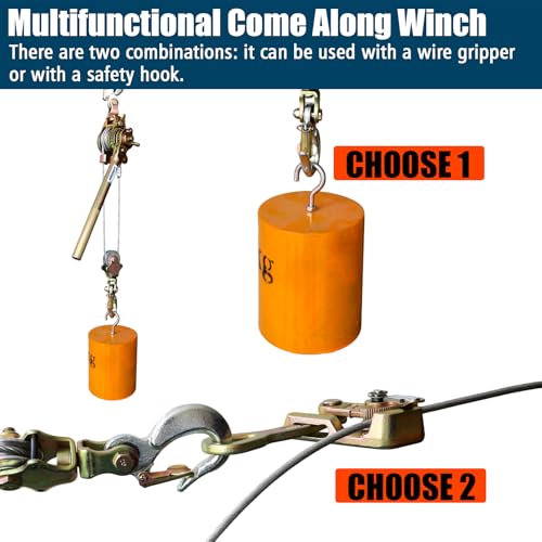 Zipline Tensioning Kit, Come Along Winch 2200lbs with Cable Grip Steel Wire Puller Tools& 2 Hooks, Portable Steel Cable Puller for 3/16" to 1/2" Cable, Cable Winch Puller - color: 1 Ton